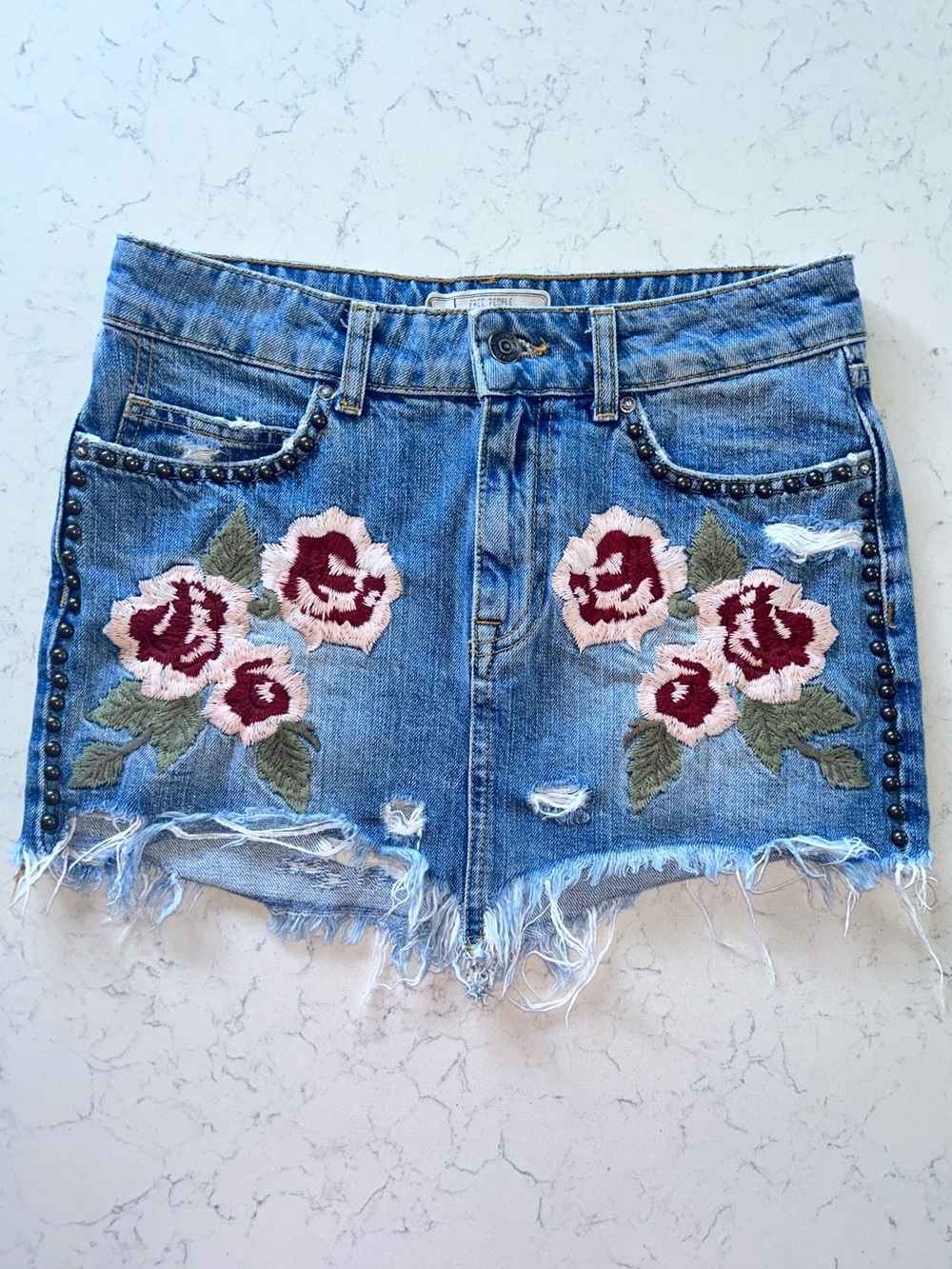 Free People Wild Rose Embroidered Studded Denim Mini Skirt
